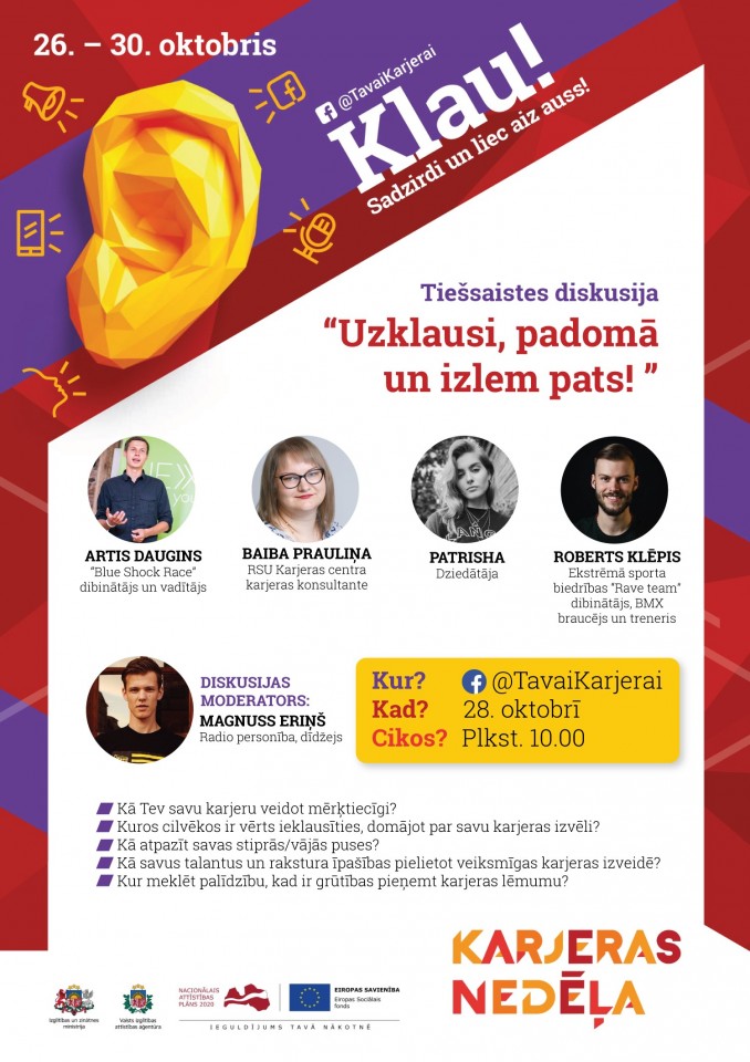 Dobeles Valsts ģimnāzijas pedagoģe karjeras konsultante Dzintra Stūre informē, ka Karjeras nedēļas ietvaros no 26. līdz 30. oktobrim skolēniem un vecākiem tiek rīkotas tiešsaistes diskusijas par karjeras jautājumiem. Tajās attālināti piedāvāta iespēja iepazīt dažādas profesijas un izvērtēt savas vēlmes un iespējas.